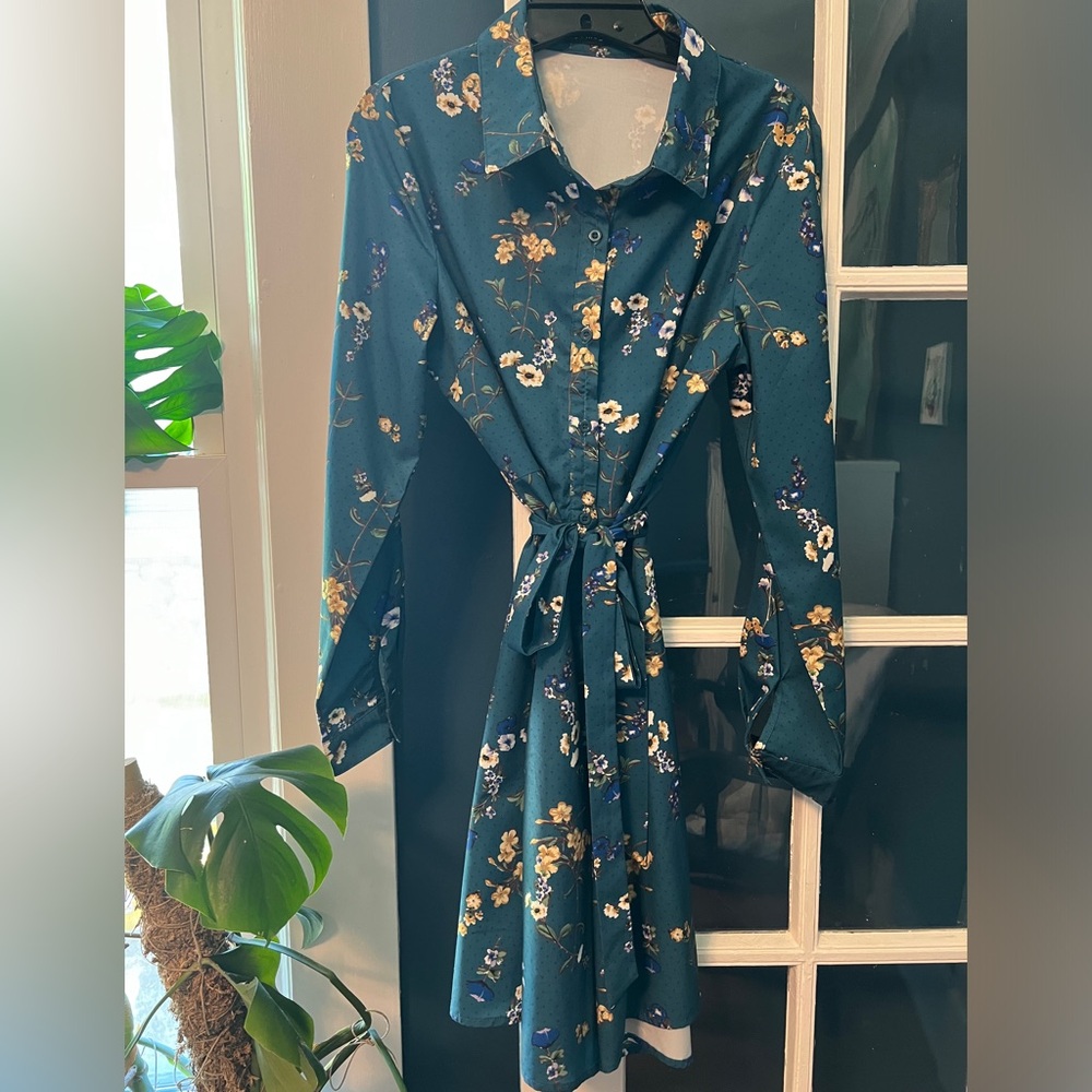 Allegra K blue button down tie waist dress size M